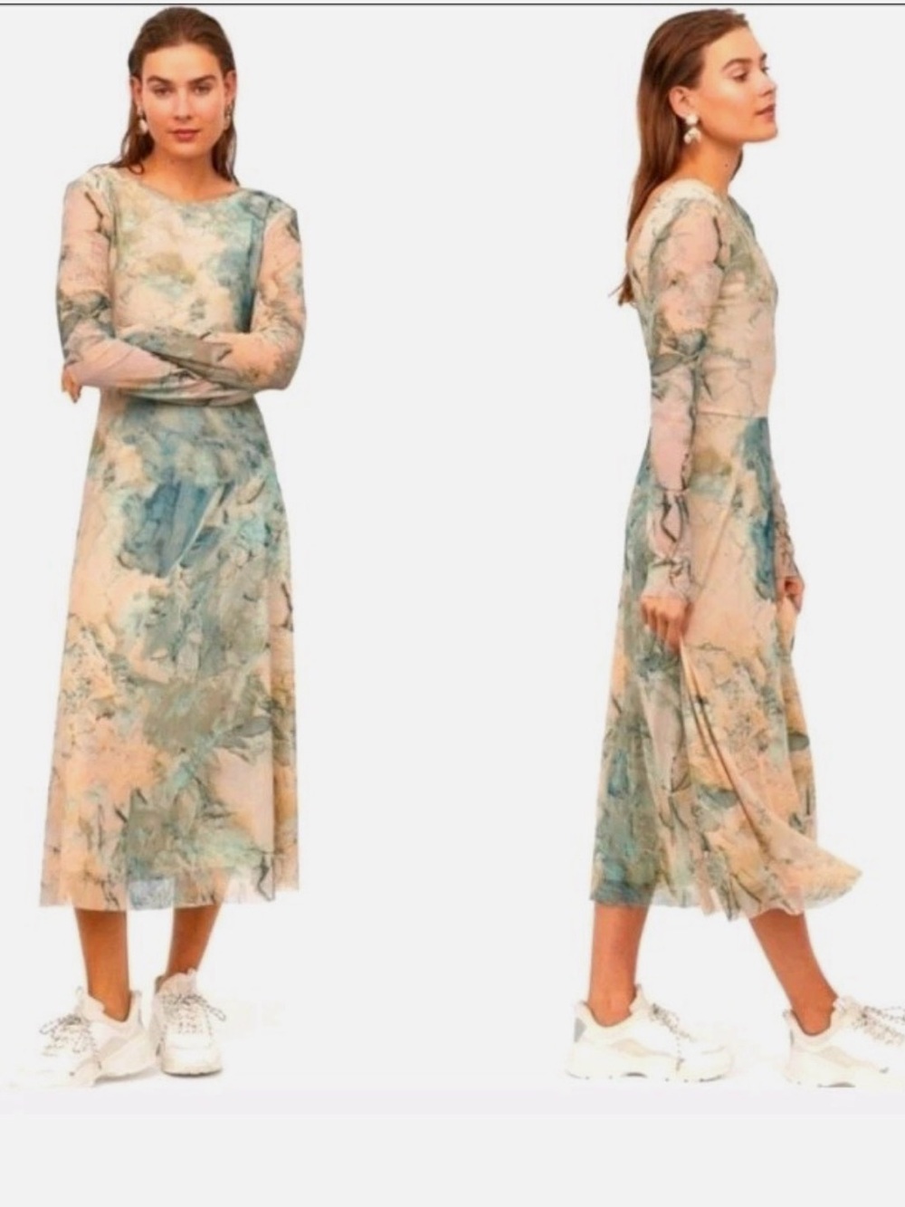 H&M Marble-Print Long Sleeve Midi Dress in Blue and Beige